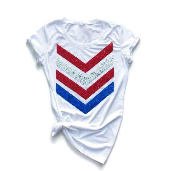 Women's 4th Of July Shirt – Sparkly USA Graphic Tee, Red White & Blue, Comfort Blend Fabric